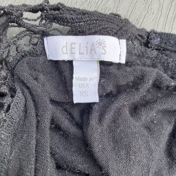 Black sheer crop top flutter sleeve crochet back dELiA's whimsigoth Y2K boho - Picture 6 of 6